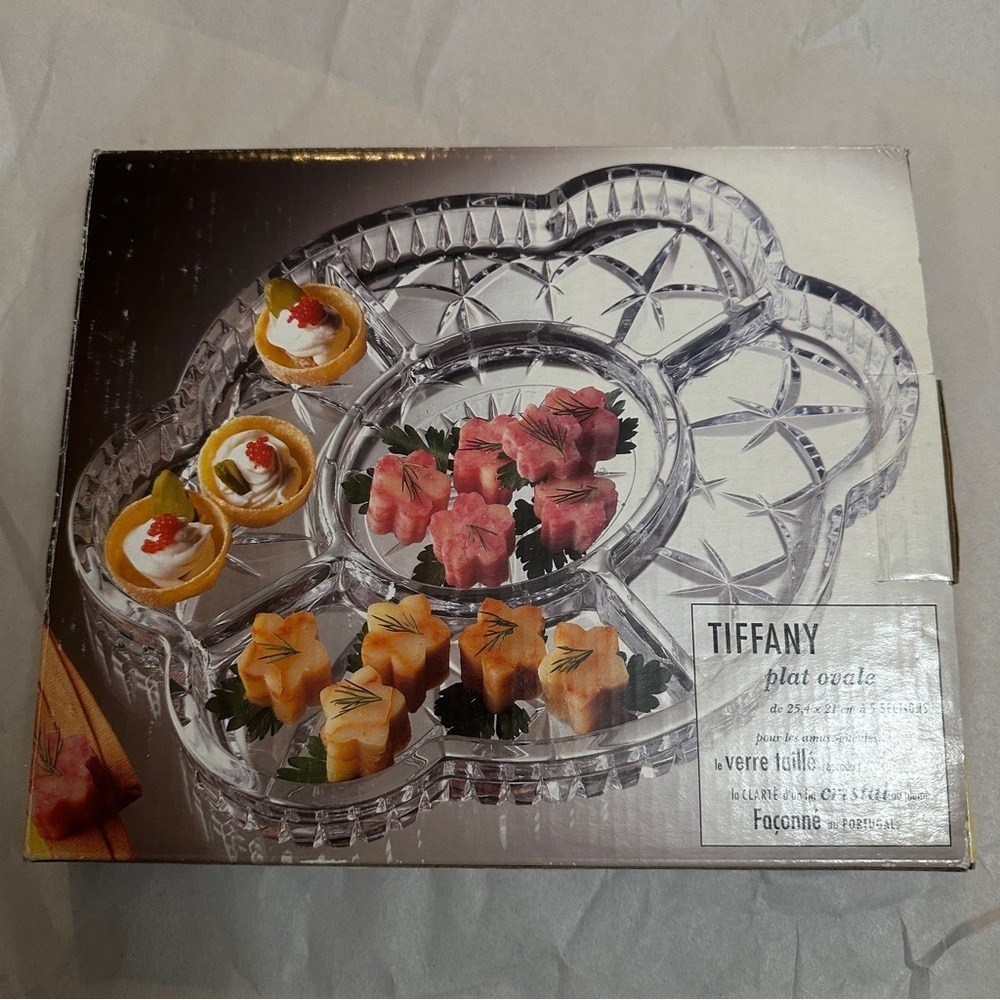 Tiffany Portugal Incised Glass 5 Section Oval Appetizer Candy Dish 10x8.25